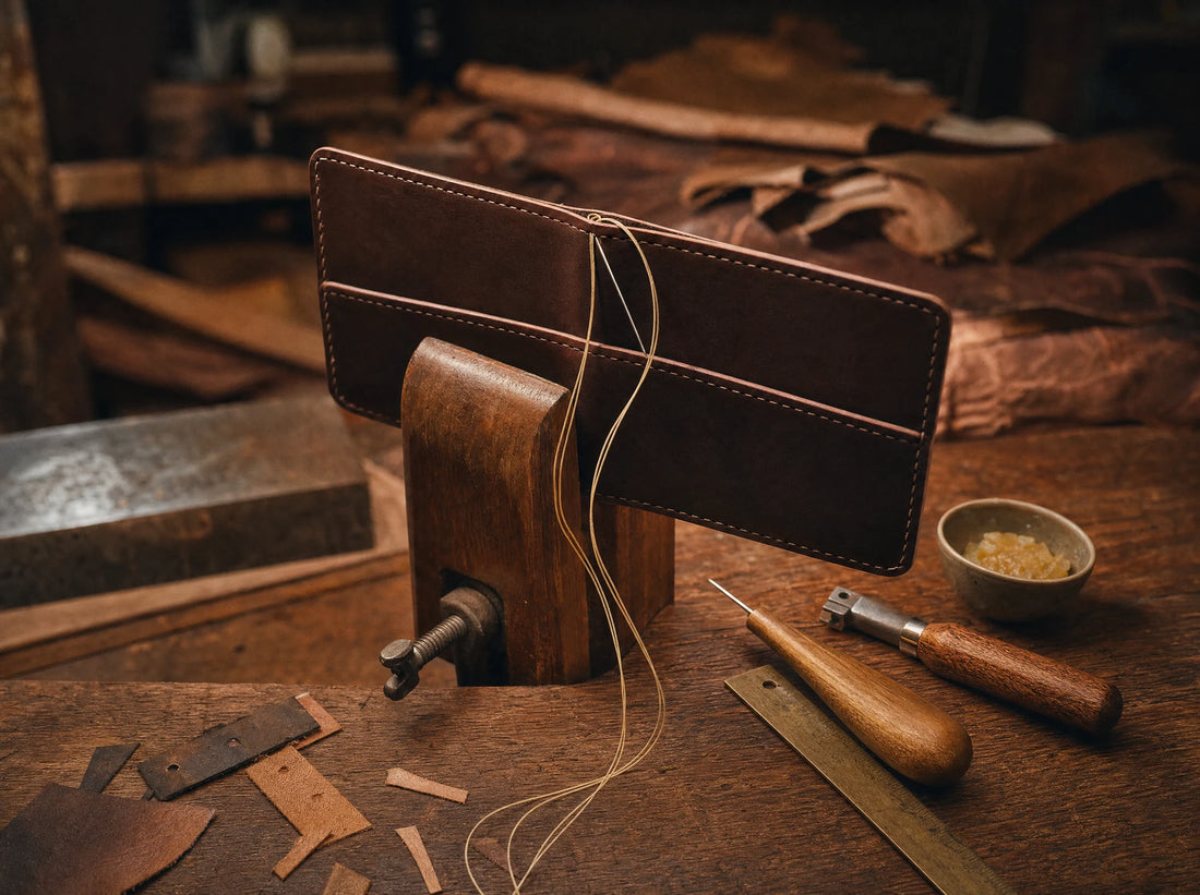 A half-finished bifold wallet in a saddle-stitching clamp on a Chiang Mai workbench